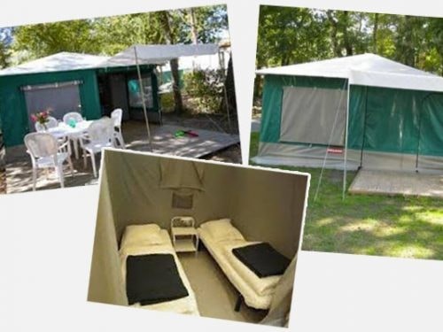Tente meublée Caraïbes 20 m² + terrasse 9 m² + auvent 4 Pers. - Camping AU P'TIT BONHEUR